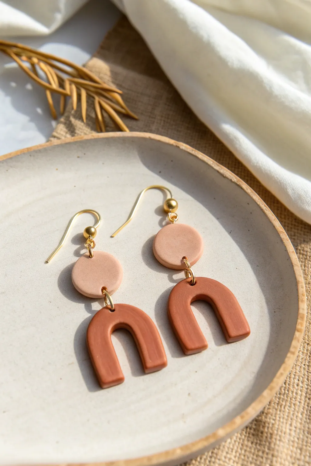 Easy two-piece polymer clay link dangles in warm neutral tones, minimalist and boho-chic.