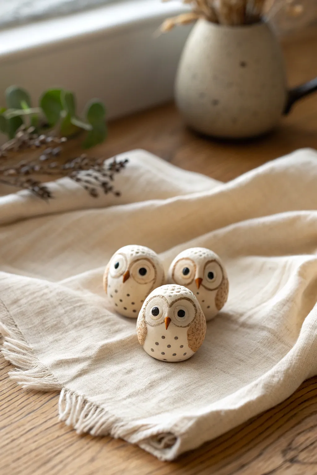 Beginner-friendly spherical polymer clay owl minis in soft light, simple shapes, sweet and minimal