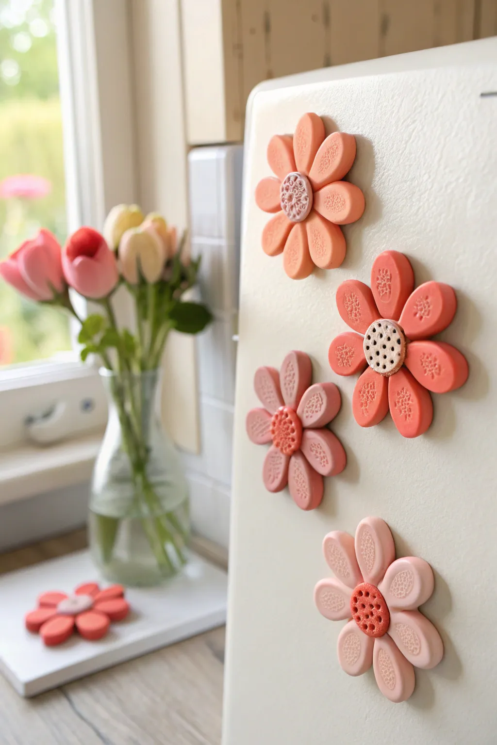 Simple flower burst polymer clay magnets in bright colors, perfect for an easy DIY bouquet look.