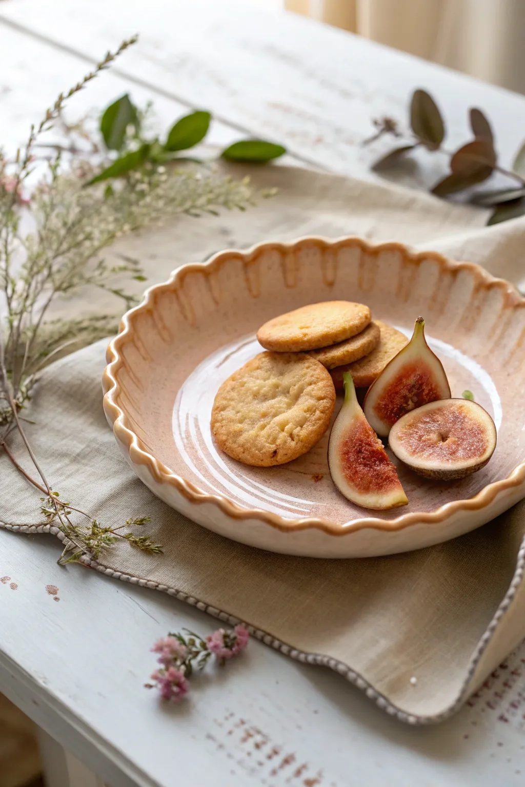 Wavy-rim snack plate in glossy blush glaze, styled simply with cookies and fig slices.