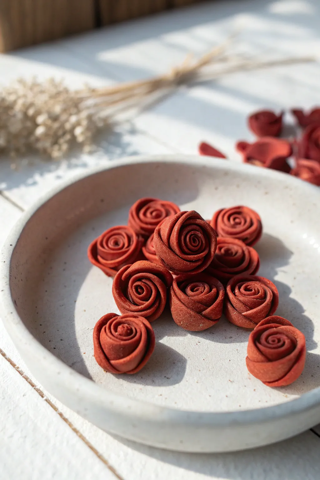 Quick red clay rosebuds in simple spiral rolls, styled on white for a clean boho-minimal look.