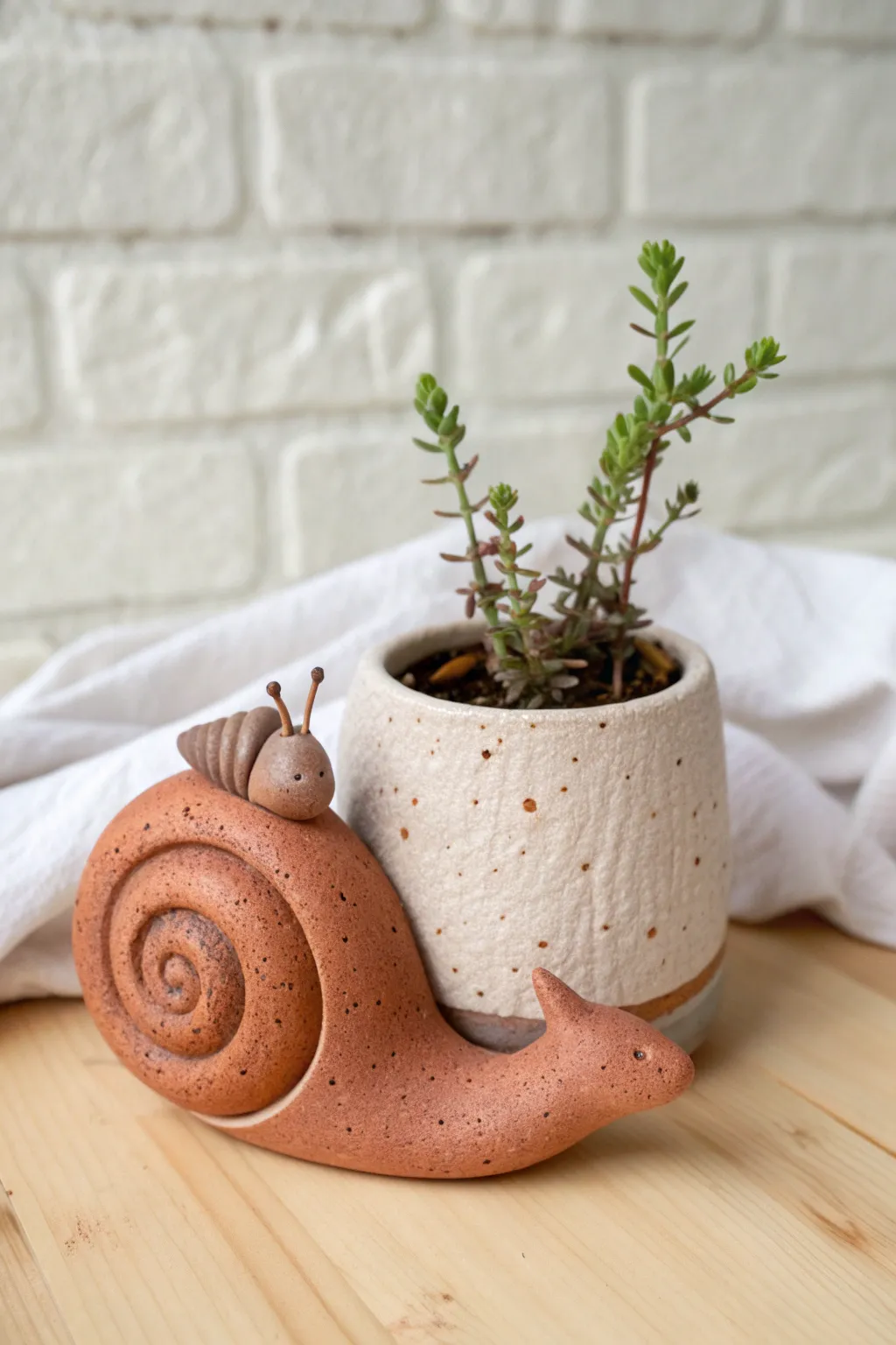 Coil-built snail planter buddy: a cute beginner-friendly clay sculpture for tiny greens.