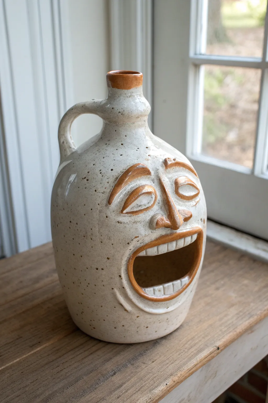 Open-mouth gulp face jug with playful teeth and chunky lips, in calm Scandinavian tones