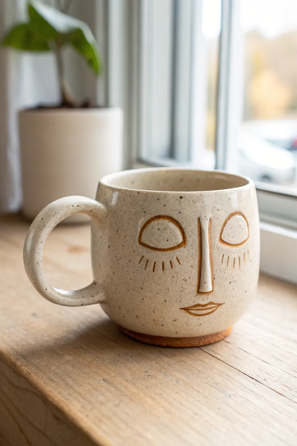 Minimalist face mug with an ear-shaped handle, cozy Scandinavian style and handmade charm
