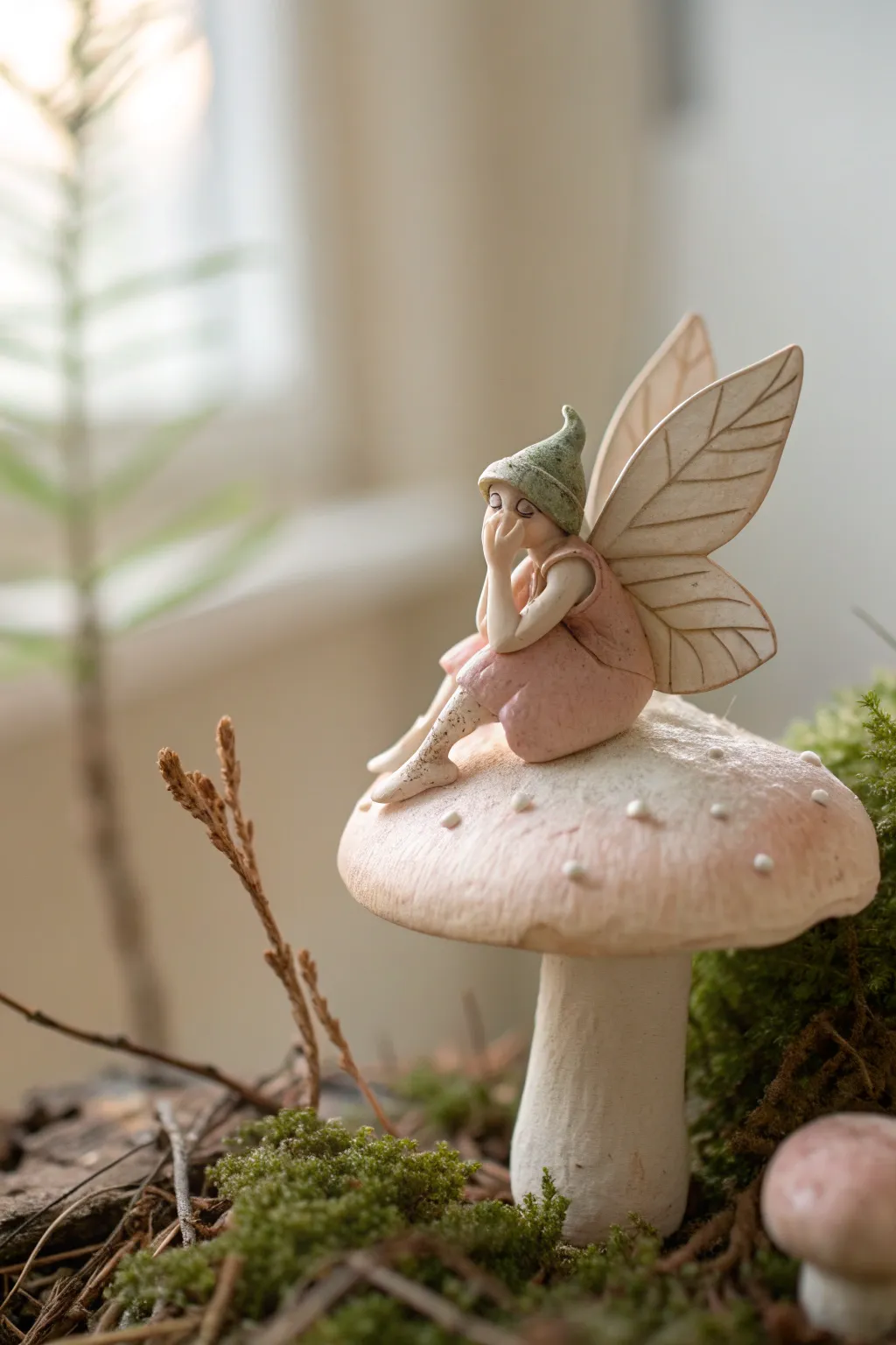 Sweet winged clay fairy on a mushroom in soft pastels, minimalist and handmade charm.