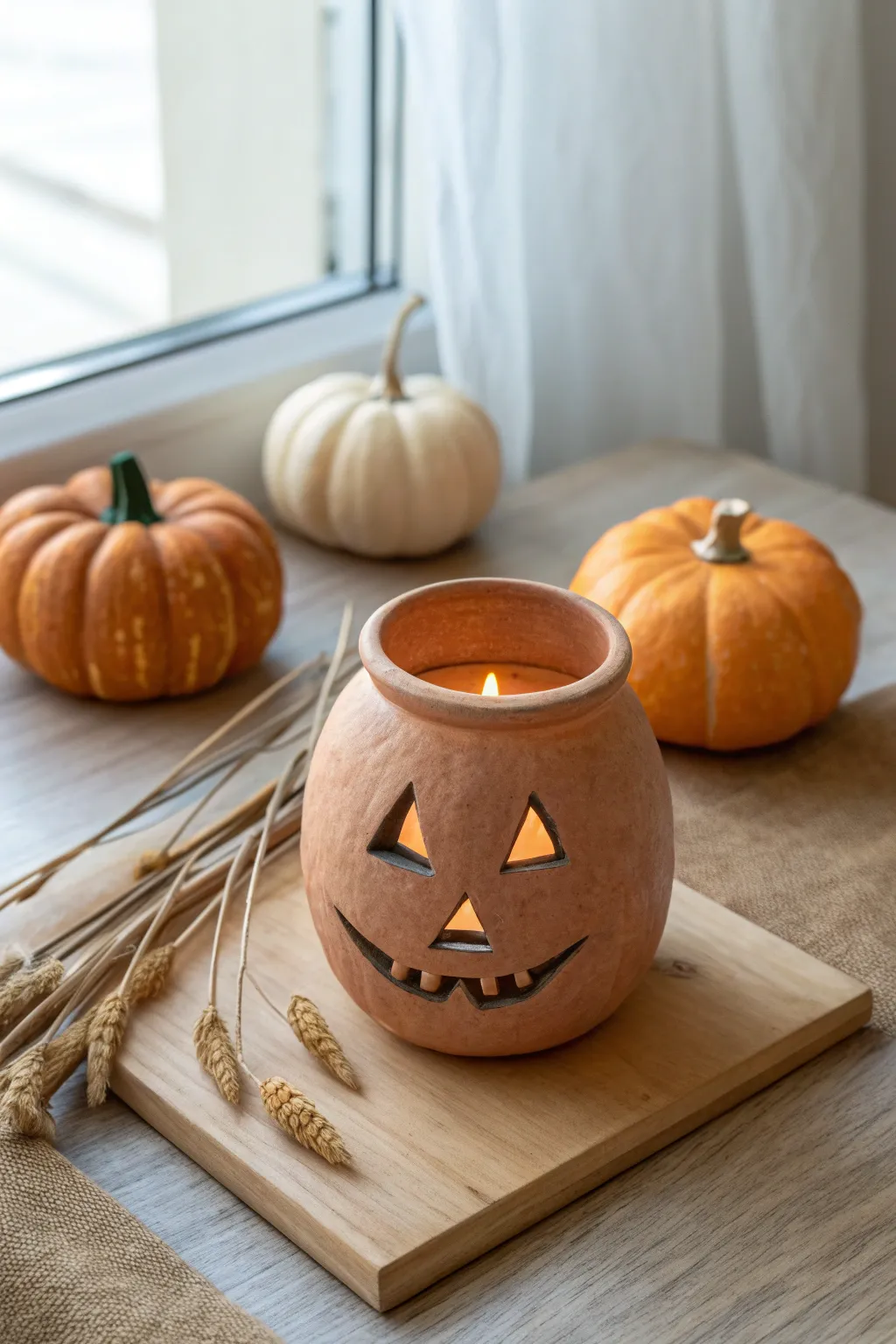 Simple air dry clay jack o lantern luminary jar with a cozy glow, styled with mini pumpkins