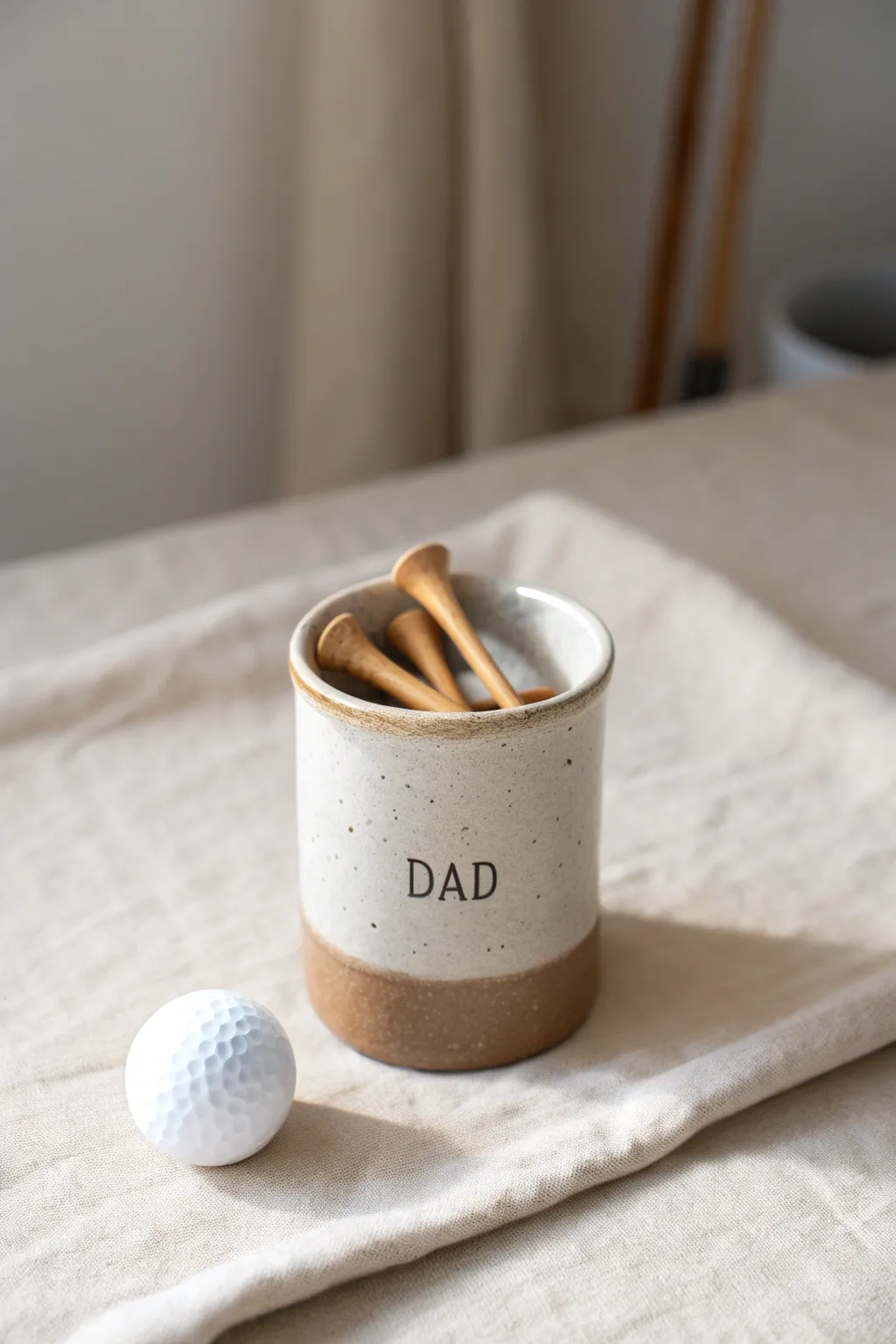 Minimal clay golf tee holder cup with Dad name stamp, a simple handmade Fathers Day gift.