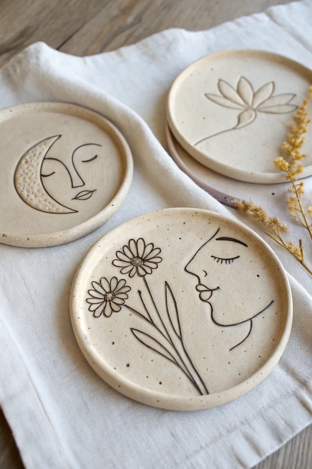 Incised clay plaques with dark rubbed-in lines, styled in a calm Scandinavian flat lay.