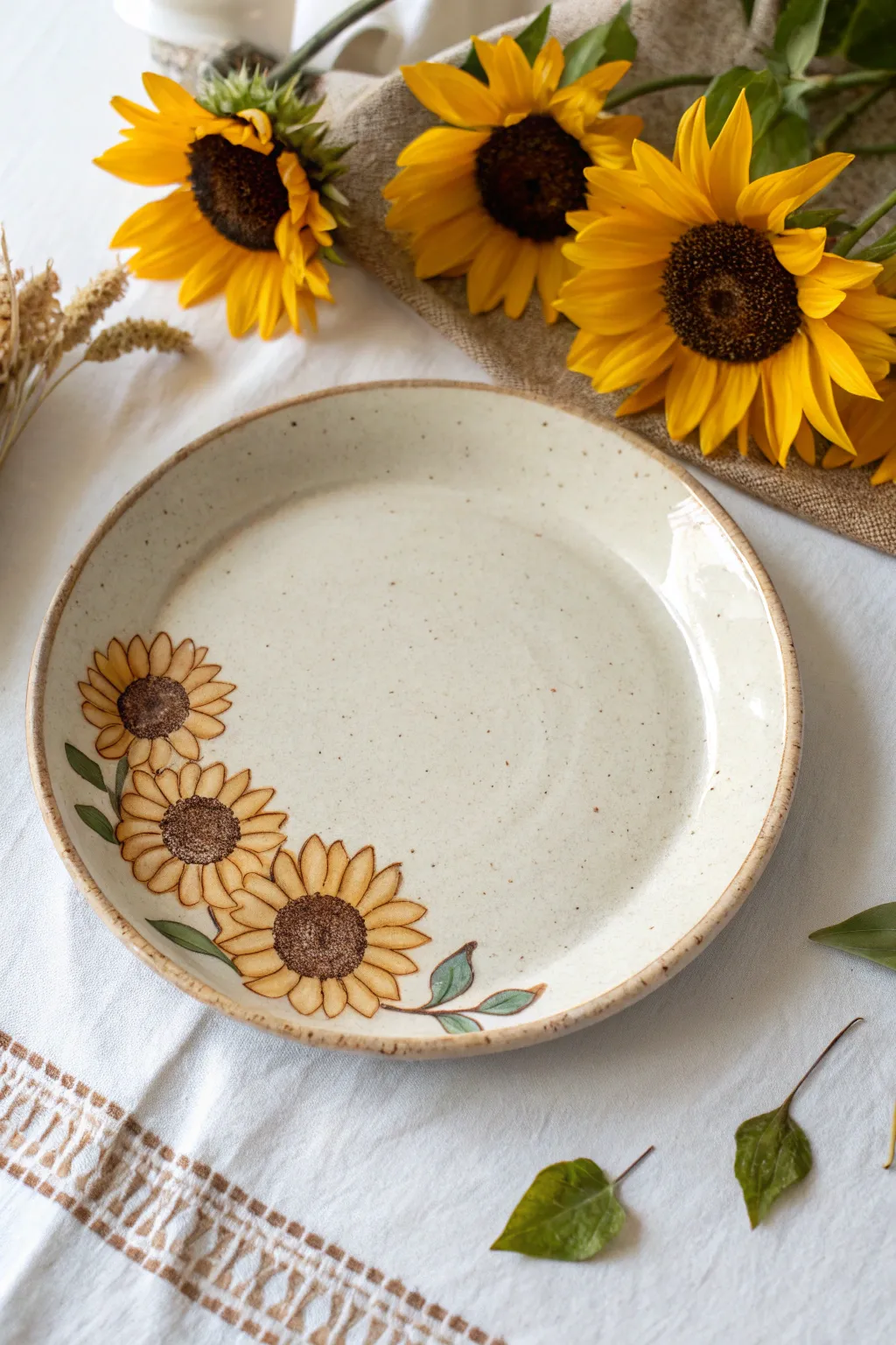 Minimal sunflower ring plate with warm yellow petals and dotted brown centers, bright and handmade