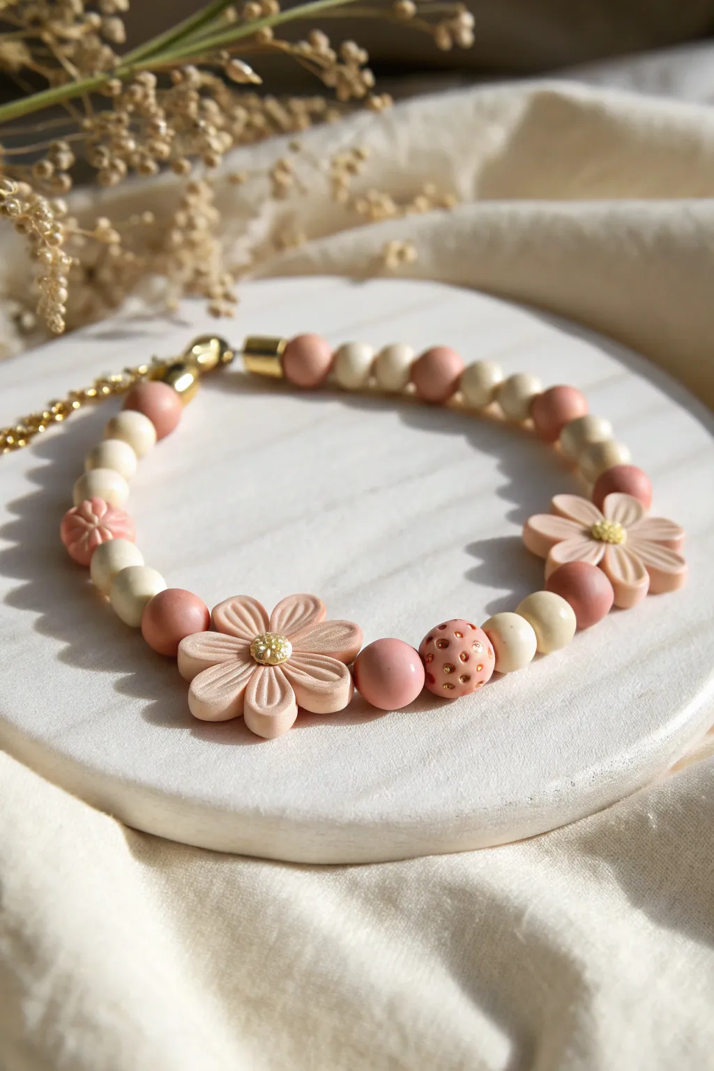 Double-flower symmetry bracelet with soft clay beads and subtle gold accents, clean and boho-minimal.