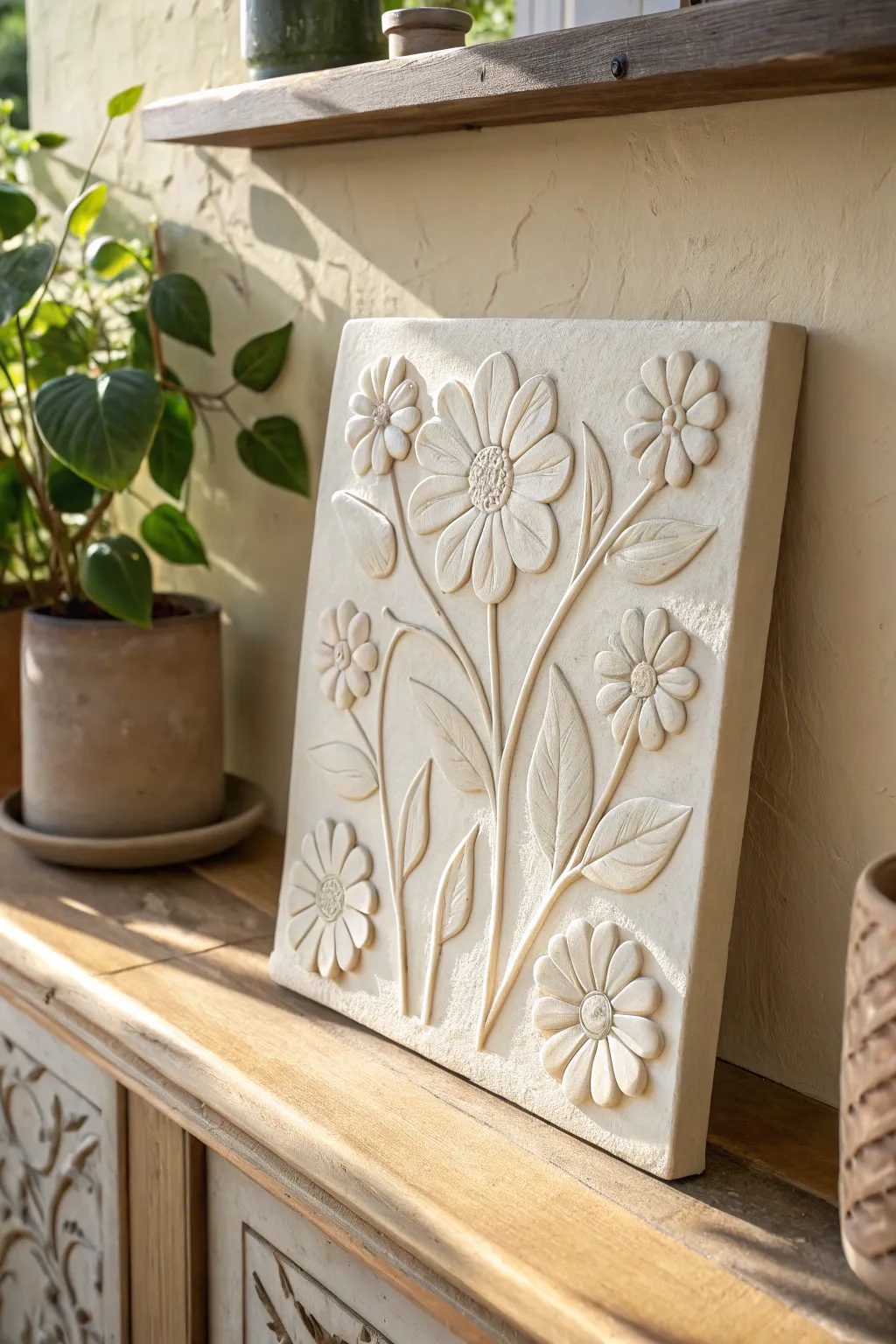 Minimal floral relief tile wall art with crisp shadows to highlight soft handmade texture
