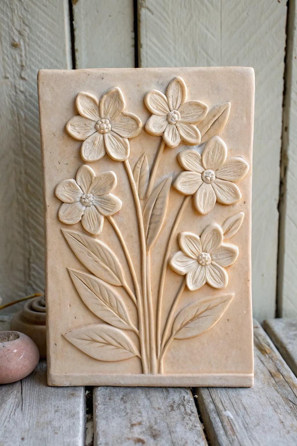 Soft low-relief bouquet tile with a two-tone glaze for gentle depth and modern boho charm