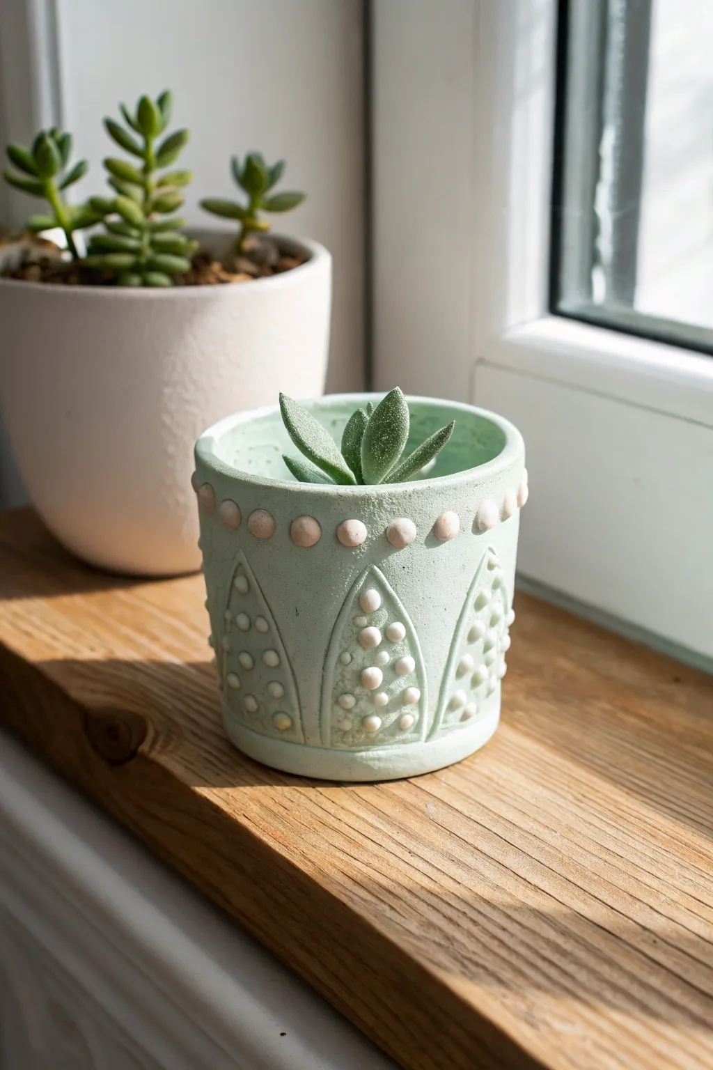 Mini foam clay planter wrap with succulent textures, softly lit on a Scandinavian windowsill