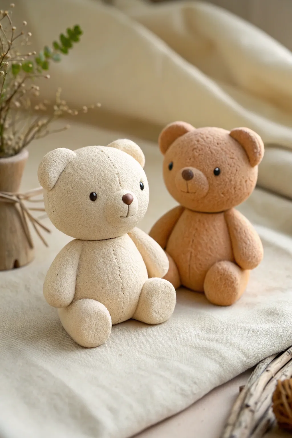 Pocket-size foam clay teddy bear minis in soft neutral tones, cute, simple, and handmade.