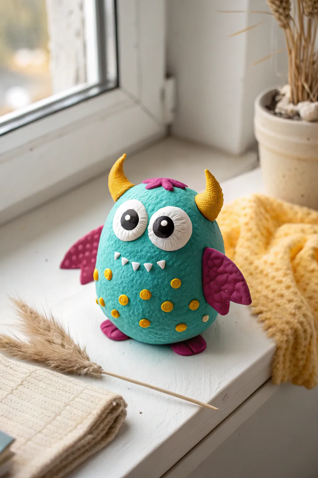 Silly foam clay monster with big eyes and mismatched horns, a cute kids craft idea