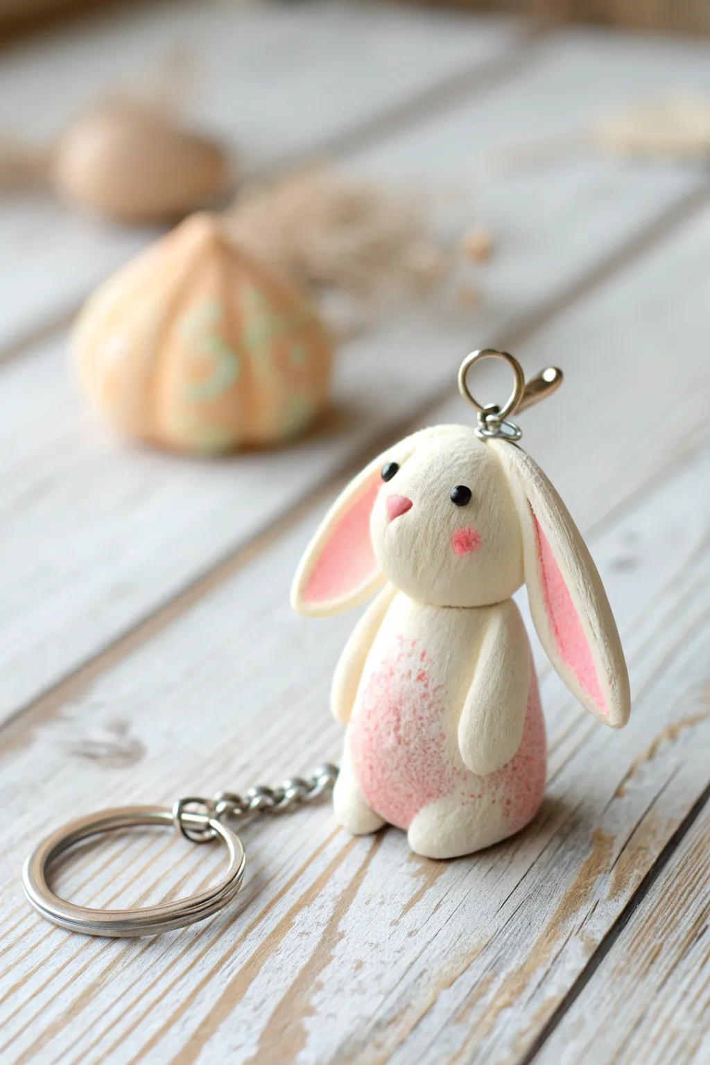 Cute foam clay bunny keychain with floppy ears in soft minimalist styling and warm natural light