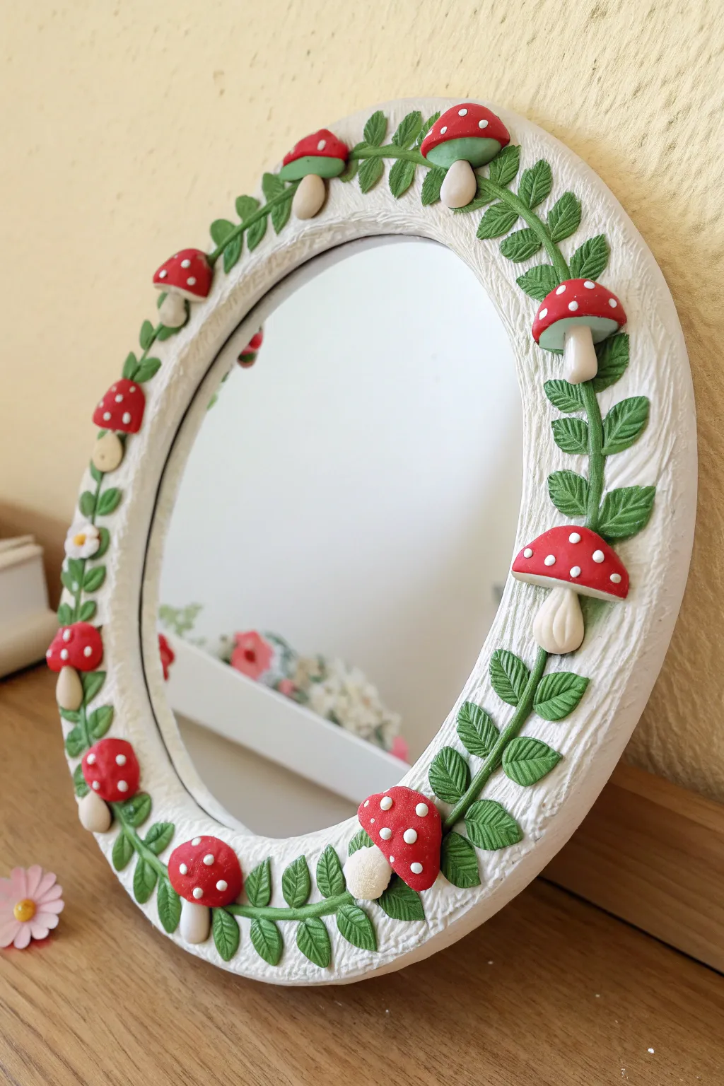 Whimsical foam clay mushroom mirror frame with minimalist boho garden charm, high contrast.