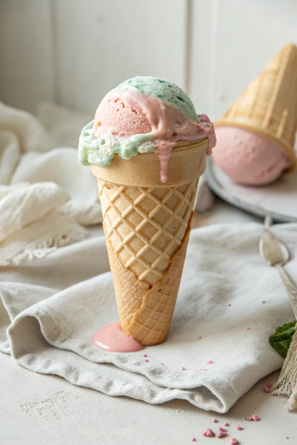 Pastel clay ice cream cone with dreamy melting drips, minimalist styling, and crisp contrast.