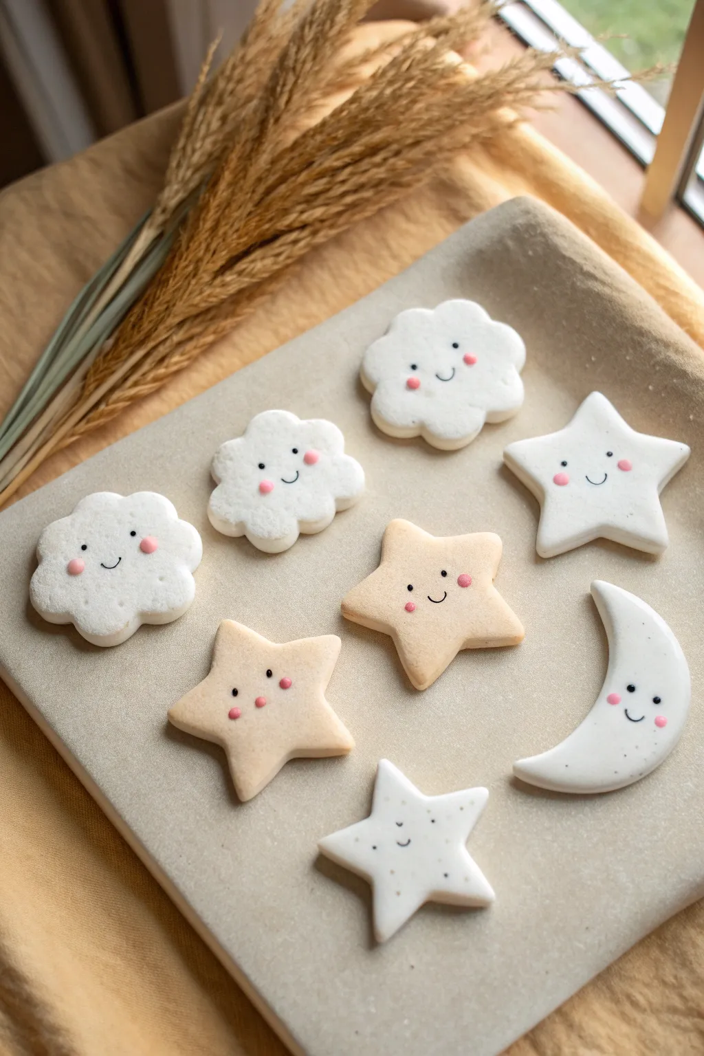 Sweet cloud, star and moon clay magnets with tiny faces, perfect beginner project.
