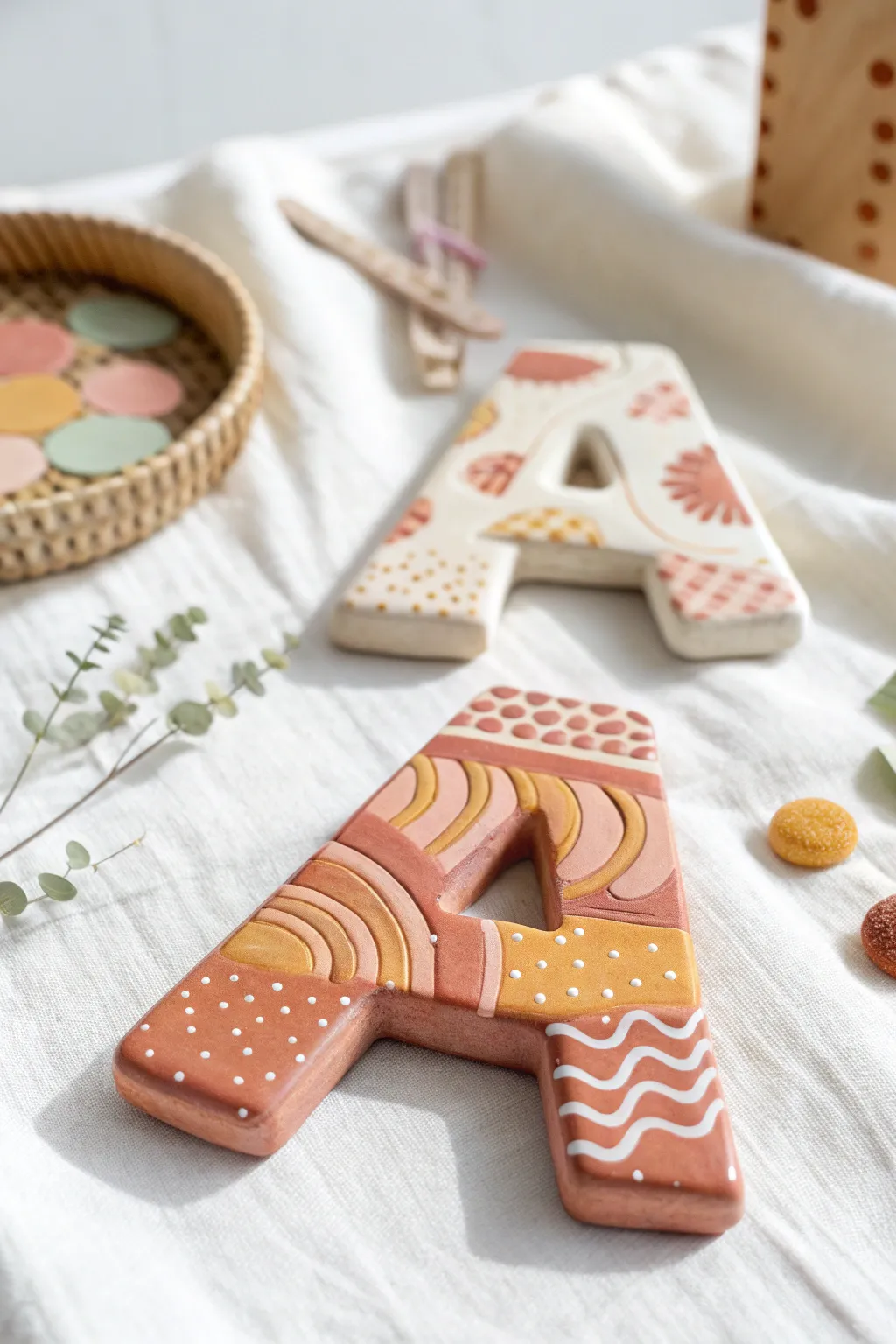 Chunky clay alphabet magnets in soft boho pastels, perfect for easy kids craft play.