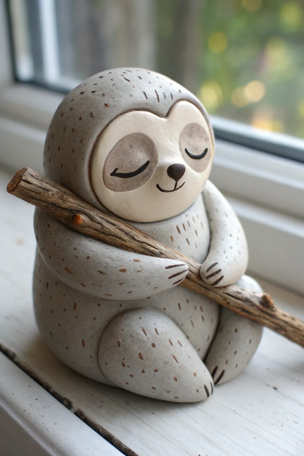 Sleepy little clay sloth hugging a twig, a cute easy kid craft with cozy minimalist vibes.