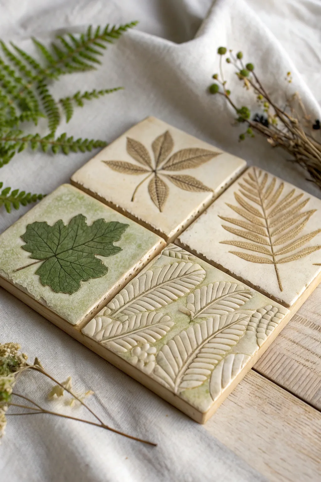 Forest floor texture sampler tile in earthy glazes, minimalist and tactile inspiration for clay lovers