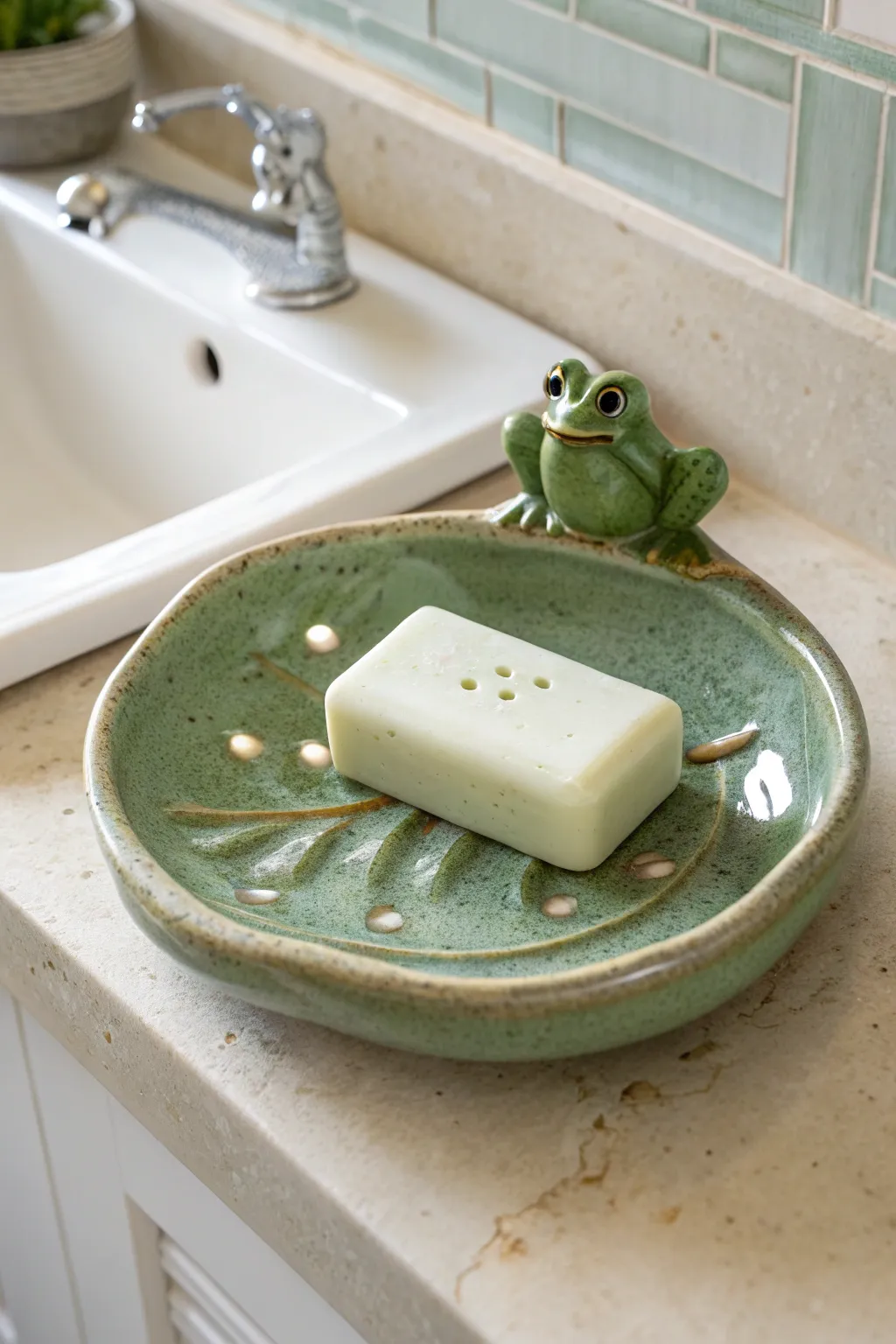 Minimal lily pad soap dish with a tiny frog and drain holes for a clean, fresh sink setup.
