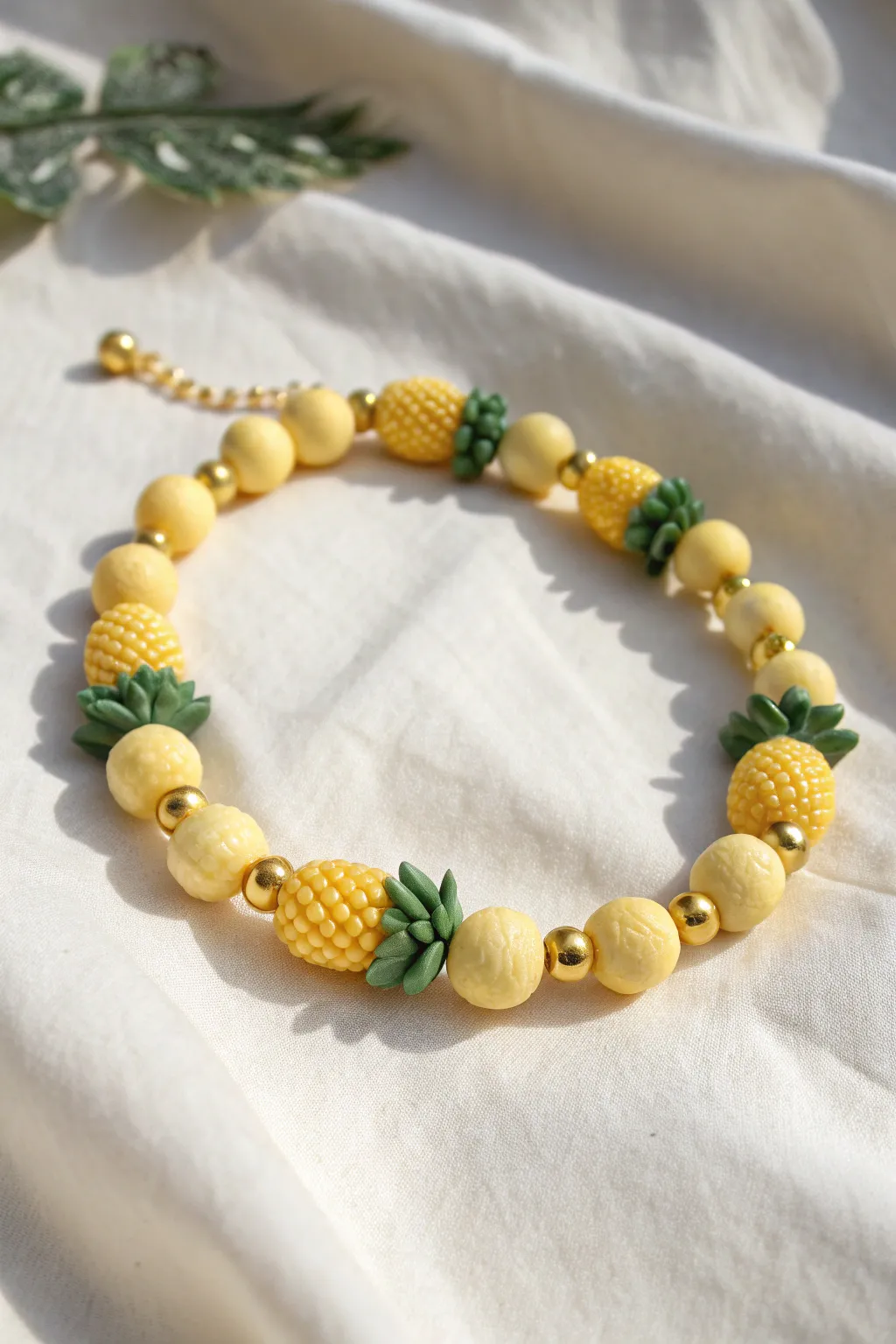 Pineapple clay bead bracelet with gold spacers, minimal and sunny for an easy handmade look