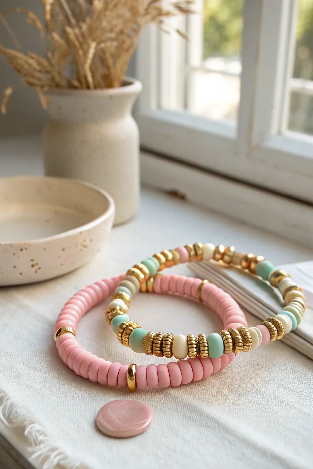 Preppy clay heishi bracelet with gold spacers, stacked for polished arm candy in soft minimal style