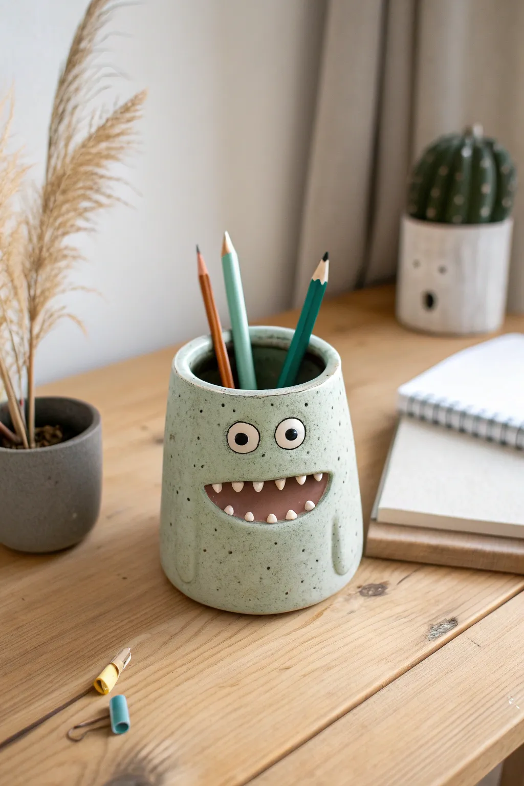 Cute clay monster pencil cup that keeps markers tidy and adds playful charm to any desk.