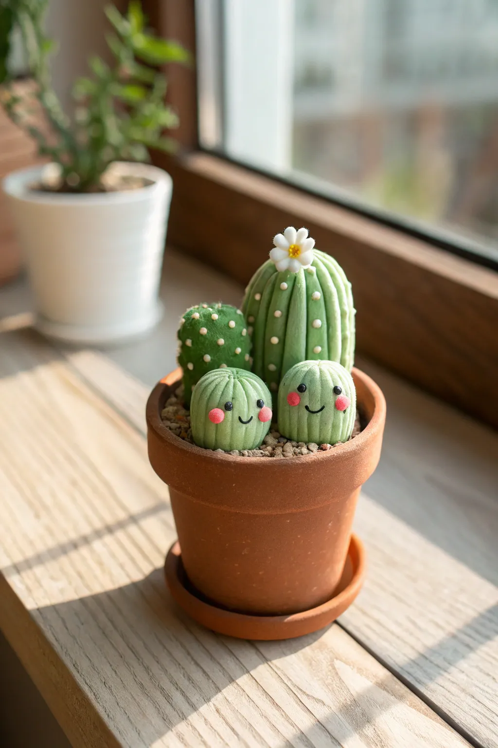 Mini cactus buddy pot with three cute faces, a cozy minimalist desk decor for any workspace