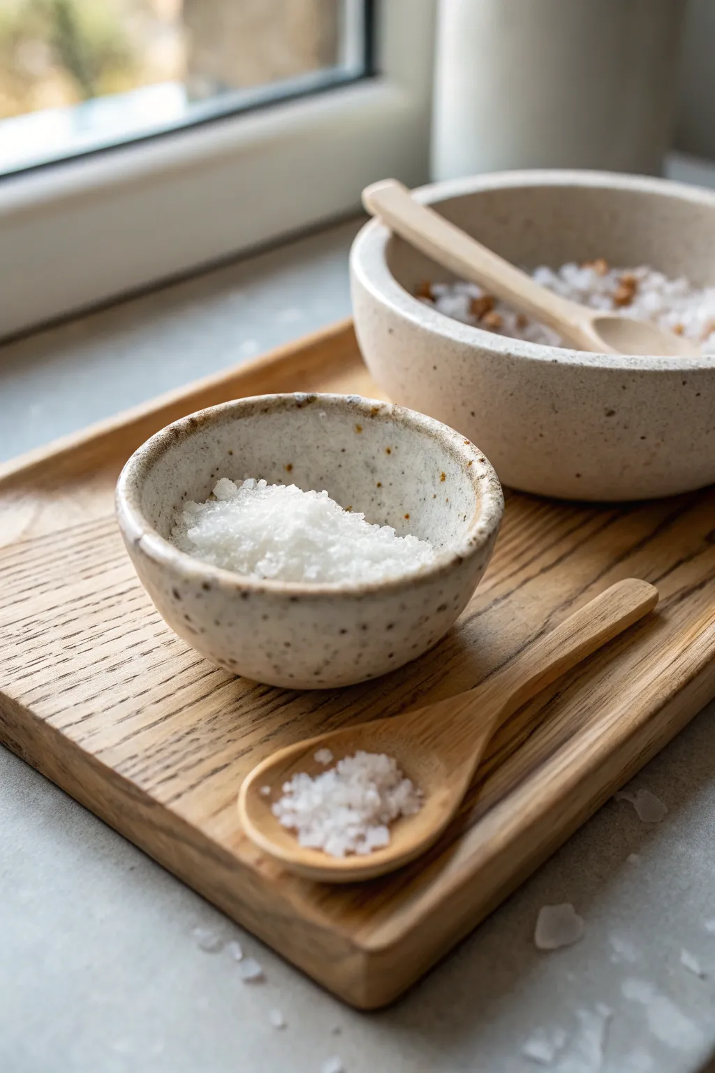 Minimal air dry clay salt pinch bowl with tiny spoon for a Scandinavian boho kitchen moment