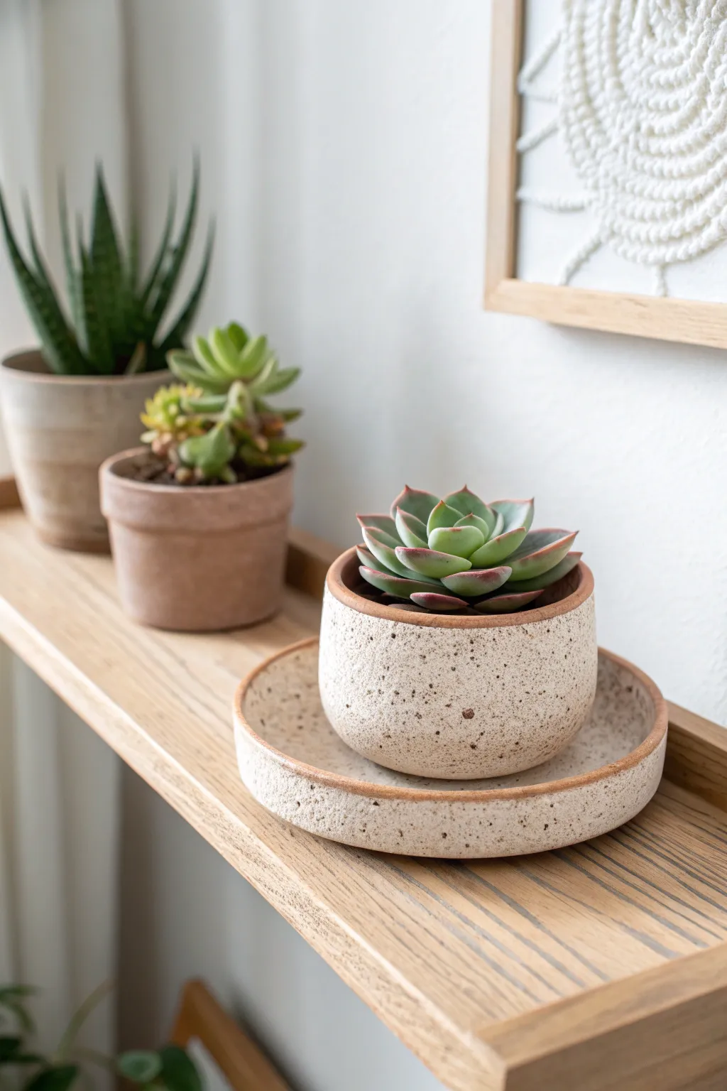 Petite handmade clay succulent planter with matching drainage tray, simple and serene.