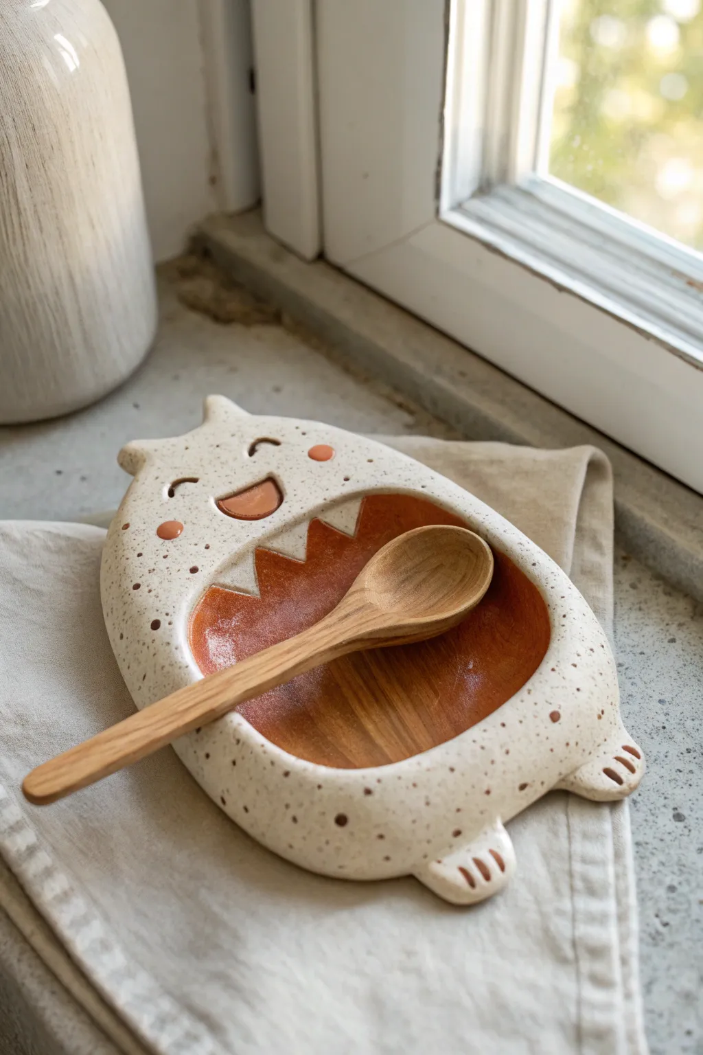 Minimalist clay spoon rest creature mid-scream, perfect for funny kitchens and cozy pottery vibes.
