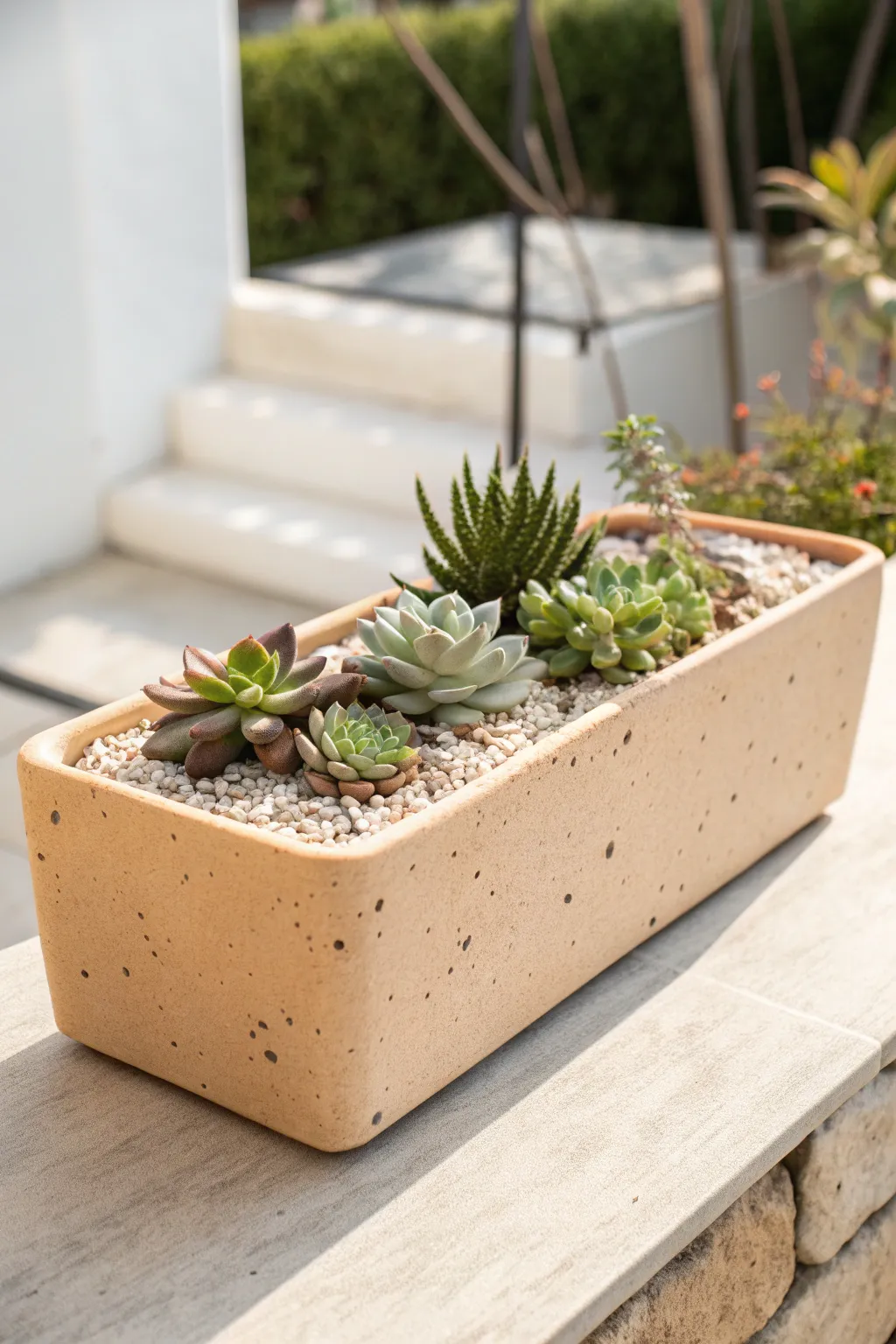 Minimal ceramic trough succulent garden for a calm patio corner, Scandinavian boho charm