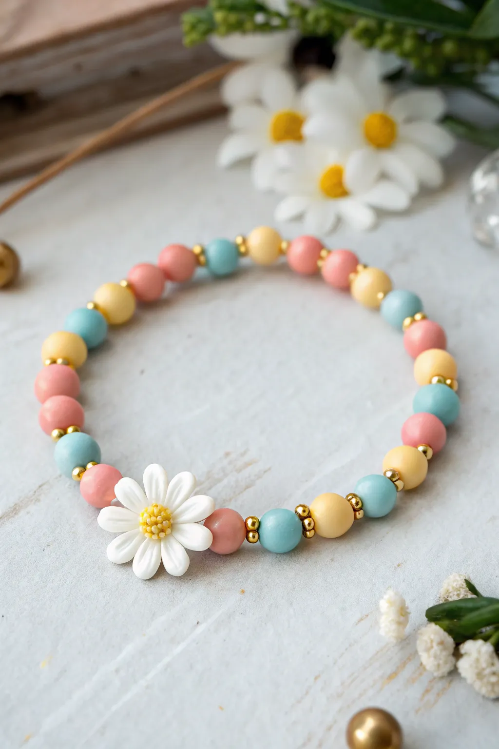 Daisy pop clay bead bracelet in sunny pastels, minimalist boho vibes with crisp, clean contrast