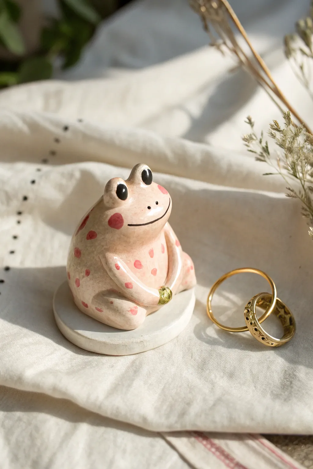 Sweet blush-cheeked frog ring holder, a minimalist clay keepsake for your favorite ring.