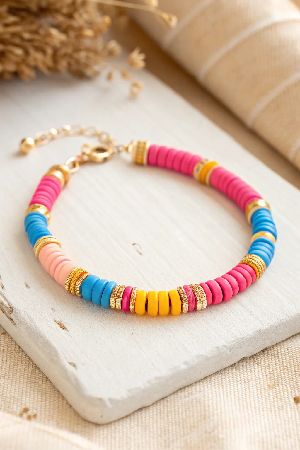 Punchy clay heishi beads with gold spacers for a bright, preppy bracelet that still feels polished.