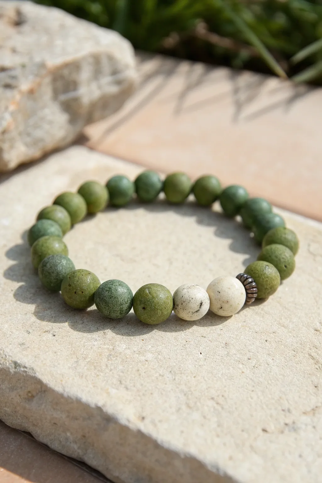 Mossy green clay bead bracelet with stone-like speckles on a minimal concrete backdrop