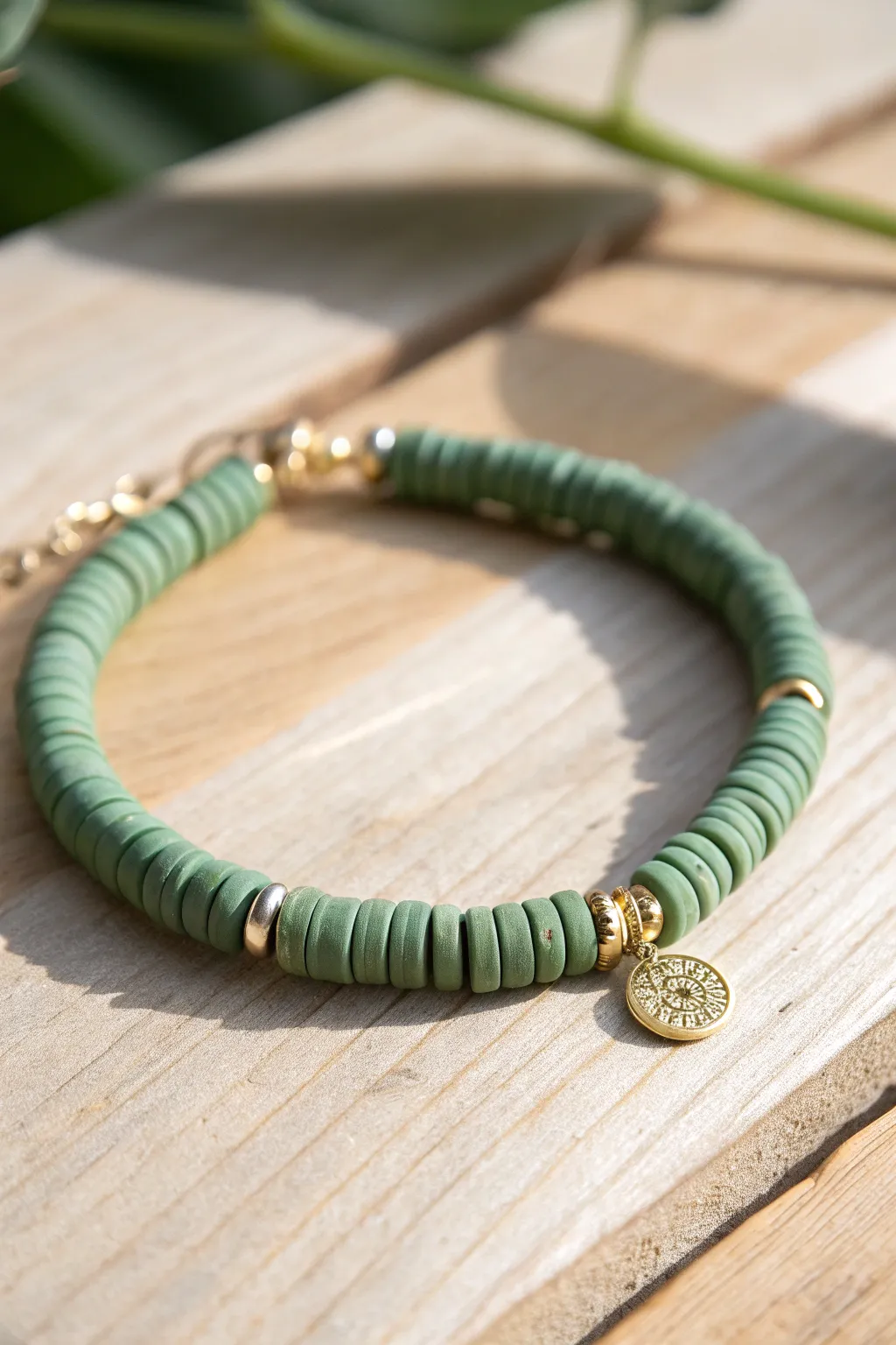 Centered charm on a green clay heishi bracelet, minimal Scandinavian style with a soft boho stack.
