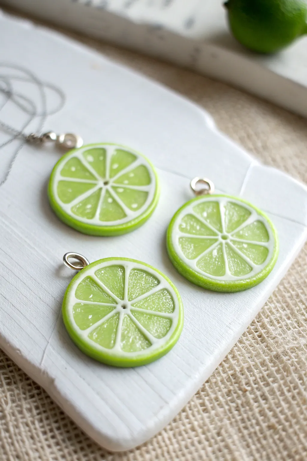 Bright green lime slice clay charms for playful jewelry or keychains, simple and fresh.