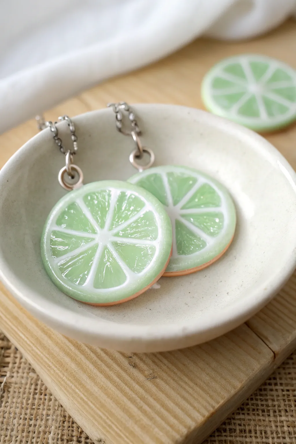 Glossy lime slice polymer clay charms in fresh greens, minimal Scandinavian styling.