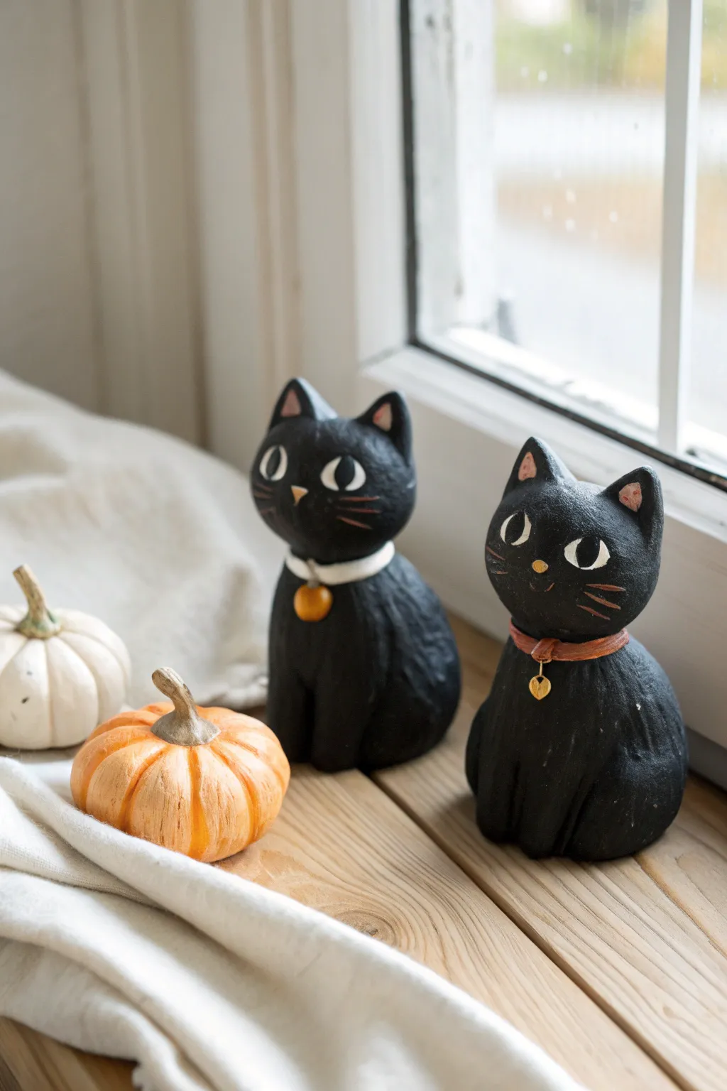 Minimalist black cat clay figurines with a tiny pumpkin, perfect for cozy Halloween decor