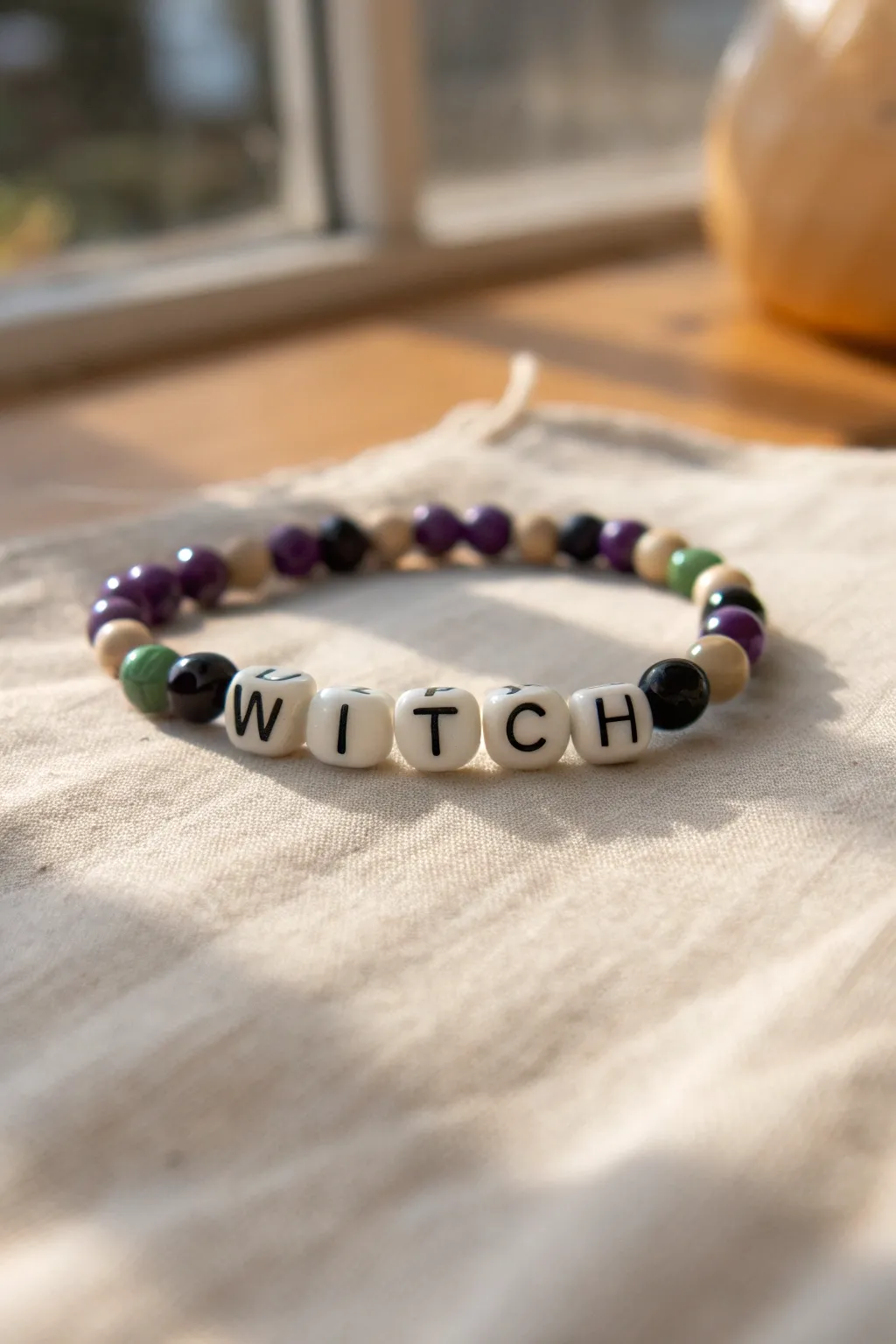 Minimalist boho Halloween bracelet with purple, green, and black clay beads plus WITCH letters