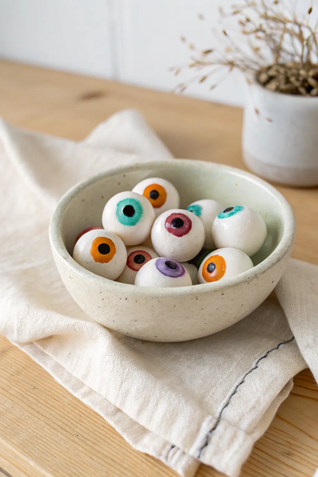 Cute spooky googly clay eyeballs in a minimalist bowl, perfect Halloween craft for kids.