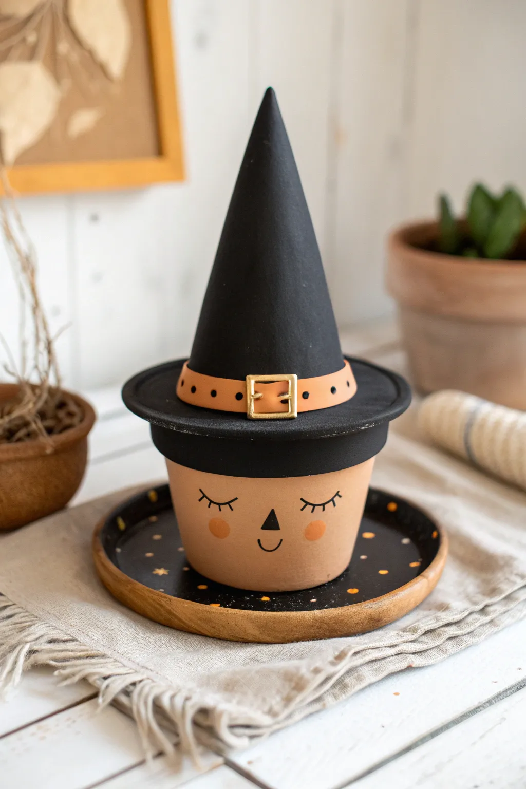 Minimal witch hat pot with saucer lid, matte black and terracotta for cozy Halloween decor.