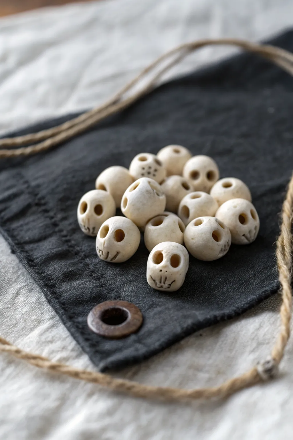 Cute tiny skull beads in matte ivory clay, styled simply for minimalist Halloween jewelry projects.