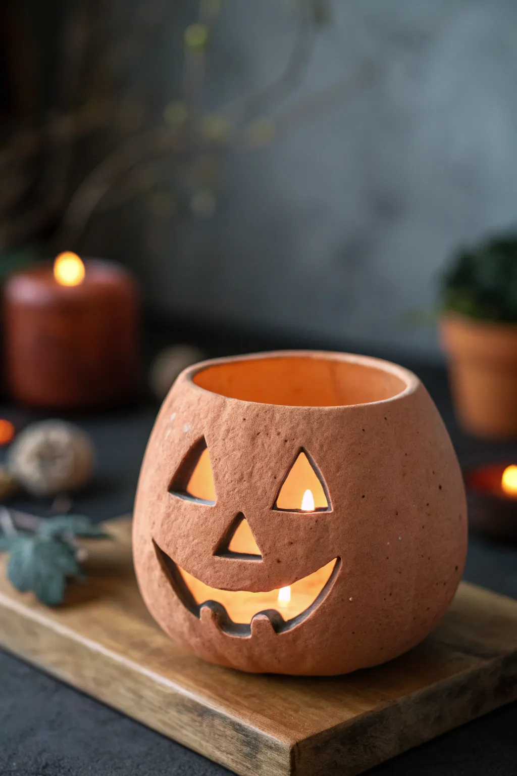 Cozy jack o lantern pinch pot luminary with a soft LED glow, minimal, handmade, and warm.