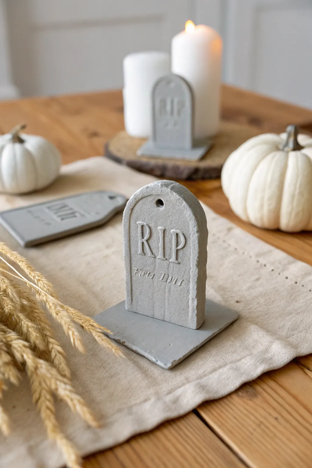 Minimal polymer clay tombstone place tags for a cozy Scandinavian-boho Halloween tablescape