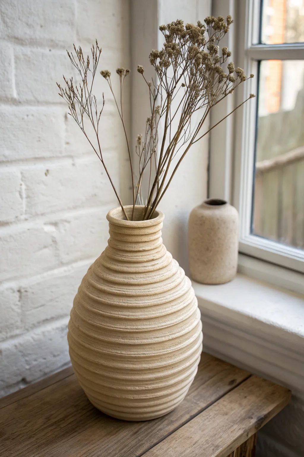 Coil-built vase with finger-rib texture, styled simply with dried stems and calm neutral tones.